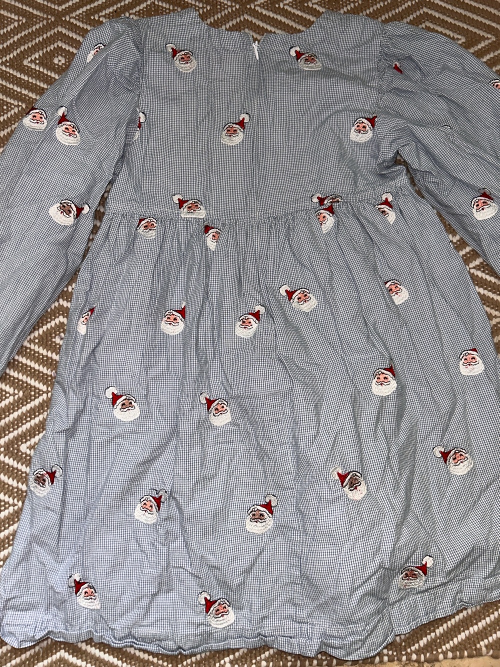 Pink Chicken Blue Check Santa Embroidered Long-Sleeve Dress - Picture 3 of 5